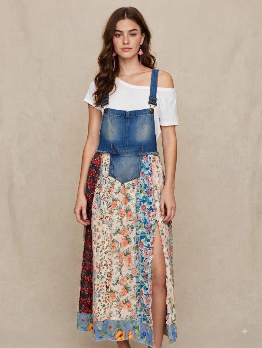 Patchwork Floral Maxi Skirt with Denim Bib - Multicolor - Picture 2 of 12